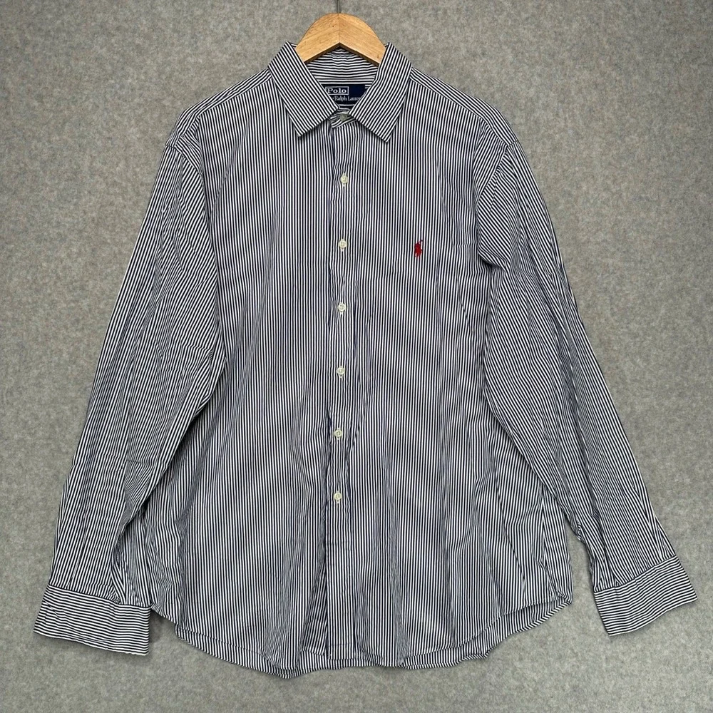 Polo Ralph Lauren Men XL Curham Classic Fit Navy Blue White Striped Shirt Cotton